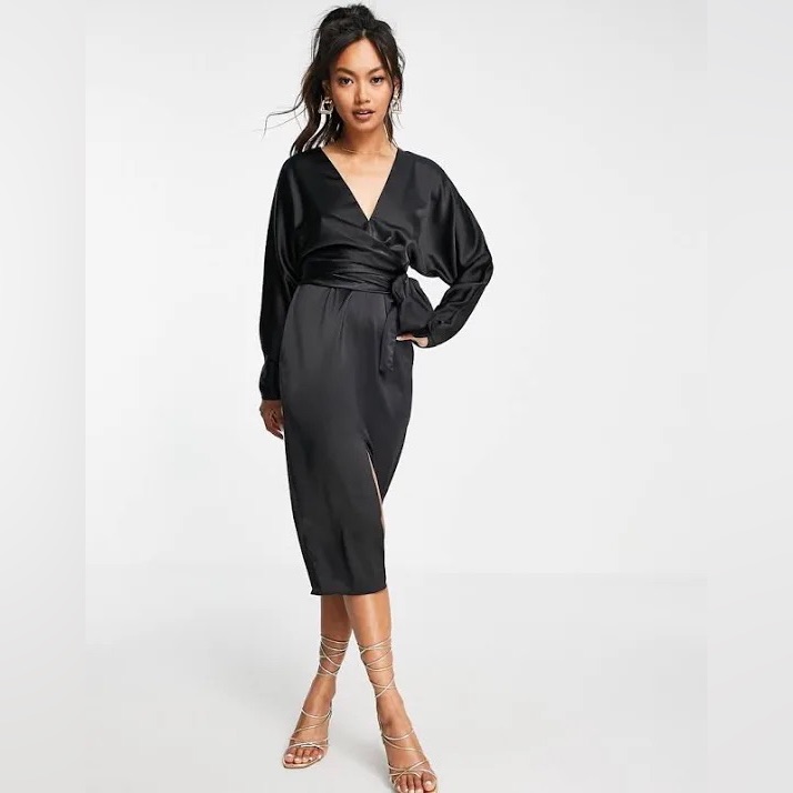 Asos Satin Midi Dress With Batwing Sleeve And Wrap Waist In Black